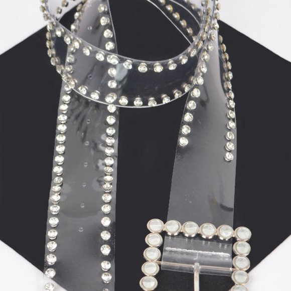BNWT Plus Size Crystal Rhinestone Square Buckle Cleared Transparent Fashion Belt - Picture 4 of 5